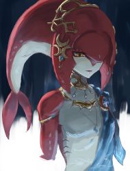 Rule 34 | 1girl, absurdres, colored skin, fins, fish girl, hair ornament, half-closed eyes, highres, jewelry, lipstick, makeup, mipha, multicolored skin, na (oagenosuke), necklace, nintendo, solo, the legend of zelda, the legend of zelda: breath of the wild, upper body, yellow eyes, zora