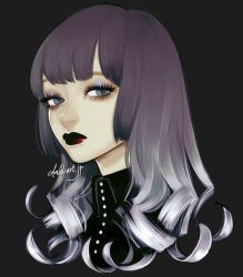 Rule 34 | 1girl, black shirt, blue eyes, blunt bangs, buttons, collared shirt, expressionless, eyeshadow, goth fashion, gradient hair, grey background, lipstick, long hair, looking to the side, makeup, multicolored hair, original, purple hair, red lips, ringlets, shirt, sidelocks, signature, solo, takenaka, watermark, web address, white hair