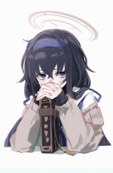 Rule 34 | 1girl, black hair, blue archive, blue eyes, blue hairband, blue ribbon, book, cardigan, elbow rest, grey cardigan, hair between eyes, hair ribbon, hairband, halo, highres, interlocked fingers, long hair, makihitsuji, off shoulder, own hands clasped, ribbon, simple background, solo, ui (blue archive), upper body, white background