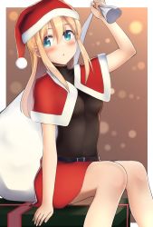 Rule 34 | 1girl, apollo (hu maple), arched back, arm at side, arm support, arm up, bare arms, bare legs, belt, black belt, blonde hair, blush, breasts, capelet, carrying over shoulder, christmas, christmas present, commentary, covered navel, dot nose, fur-trimmed capelet, fur-trimmed headwear, fur trim, gift, green eyes, hair between eyes, hat, highres, holding, holding sack, knees, legs, long hair, medium breasts, miniskirt, original, outside border, pom pom (clothes), red capelet, red hat, red skirt, sack, santa costume, santa hat, self-upload, shirt tucked in, sitting, skin tight, skirt, solo, triangle mouth, turtleneck