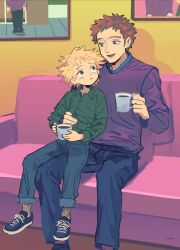 Rule 34 | 2boys, animification, blonde hair, brown hair, child, coffee, coffee cup, collared shirt, couch, cup, disposable cup, father and son, green shirt, holding, holding cup, long sleeves, male focus, miyage no nukegara, multiple boys, richard tweak, shirt, shoes, sitting, sitting on lap, sitting on person, south park, tweek tweak