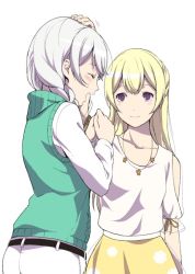 Rule 34 | 2girls, ^ ^, bad id, bad twitter id, bang dream!, belt, blonde hair, blush, braid, closed eyes, clothing cutout, collarbone, commentary request, half updo, headpat, jewelry, karatachi t, long hair, long sleeves, looking at another, multiple girls, necklace, open mouth, pants, polka dot, polka dot skirt, purple eyes, shirasagi chisato, shirt, short sleeves, shoulder cutout, simple background, skirt, smile, sweater vest, tied sleeves, twin braids, wakamiya eve, white background, white hair, white pants, white shirt, yellow skirt