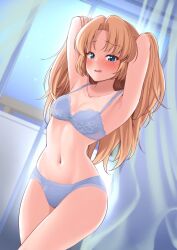 Rule 34 | 1girl, armpits, arms behind head, arms up, blonde hair, blue bra, blue eyes, blue panties, blush, bra, breasts, cleavage, commission, curtains, dream c club (series), dream c club gogo., hisakabe oto, indoors, long hair, looking at viewer, medium breasts, navel, open mouth, panties, seira (dream c club gogo.), skeb commission, solo, thighs, underwear, underwear only, window