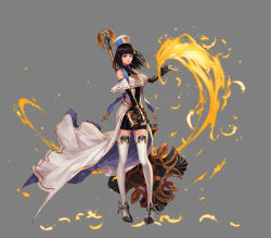 Rule 34 | 00s, 1girl, artist request, bare shoulders, black dress, black eyes, black hair, book, cross, detached sleeves, dress, dungeon and fighter, feathers, female crusader (dungeon and fighter), female priest (dungeon and fighter), fire, full body, gauntlets, grey background, hat, jewelry, looking at viewer, magic, necklace, official art, simple background, smile, solo, sparkle, thighhighs, white dress, white hat, white thighhighs, zettai ryouiki