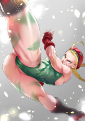 Rule 34 | 1girl, ahoge, ass, attack, beret, blonde hair, blue eyes, bodypaint, braid, breasts, cameltoe, cammy white, camouflage, cleft of venus, clenched hand, covered erect nipples, covered navel, curvy, eyebrows, fingerless gloves, flexible, from below, gloves, gluteal fold, green leotard, hat, highleg, highleg leotard, highres, huge ahoge, huge ass, ikumo taisuke, jumping, kicking, large breasts, leg up, leotard, lips, long hair, looking to the side, motion blur, motion lines, nose, parted lips, revealing clothes, scar, shiny skin, skin tight, skindentation, solo, street fighter, thighs, thong leotard, toned, twin braids, wide hips