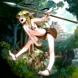 Rule 34 | 1girl, anklet, barefoot, benimura karu, bird, breasts, day, dirty, dirty feet, elf, feet, forest, holding, holding polearm, holding spear, holding weapon, jewelry, jungle, karukaru, loincloth, long hair, long pointy ears, maya (culture), nature, original, outdoors, pointy ears, polearm, pyramid (structure), ribs, ruins, solo, spear, spread toes, toes, topfreedom, topless, tree, tribal, weapon