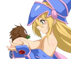 Rule 34 | 1girl, bare shoulders, blonde hair, blush, breasts, dark magician girl, duel monster, green eyes, hashimoto (frog flag), hat, kuriboh, large breasts, long hair, magical girl, smile, solo, wizard hat, yu-gi-oh!