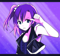 Rule 34 | 10s, 1girl, arm up, blue eyes, bow, clenched teeth, hair bow, kidachi, kosaka honoka, letterboxed, light rays, love live!, love live! school idol project, monochrome, pointing, pointing at self, purple hair, purple theme, short hair, side ponytail, solo, swept bangs, tank top, teeth, thumbs up, upper body, vest