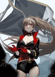 Rule 34 | 1girl, absurdres, adjusting clothes, adjusting gloves, azur lane, black jacket, breasts, choker, cleavage, commentary request, cowboy shot, earrings, flag, floating hair, gloves, gogalking, half gloves, highres, jacket, jean bart (azur lane), jewelry, korean commentary, light brown hair, long hair, looking at viewer, medium breasts, ponytail, red eyes, red gloves, serious, short shorts, shorts, skull, solo, standard bearer, standing, thighs, very long hair