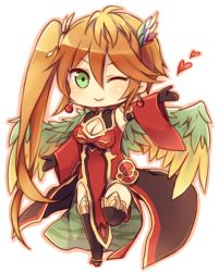 Rule 34 | 1girl, ;), bird wings, black thighhighs, blush, chibi, china dress, chinese clothes, dress, earrings, feathered wings, green eyes, heart, jewelry, leg up, leilan (p&amp;d), leiran (p&amp;d), long hair, one eye closed, orange hair, oyu (frypandepan), puzzle &amp; dragons, red dress, side ponytail, simple background, smile, solo, thighhighs, very long hair, white background, wings