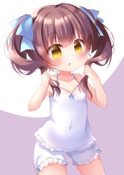 Rule 34 | 1girl, absurdres, arms up, bloomers, brown eyes, brown hair, camisole, covered navel, hair hold, highres, holding, holding hair, long hair, open mouth, original, ribbon, simple background, solo, twintails, underwear, underwear only, white camisole