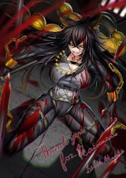 Rule 34 | 1girl, animal ears, black sclera, blood, blood splatter, bodysuit, braid, breasts, claws, colored sclera, commentary, commission, crossed bangs, floating hair, gradient hair, grin, hair between eyes, large breasts, long hair, looking at viewer, multicolored hair, original, shirt, shukusuri, signature, skeb commission, smile, solo, standing, thank you, yellow eyes