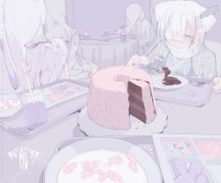 Rule 34 | 1girl, 4others, animal ears, bandaid, bandaid on arm, bikini, blue eyes, blue nails, breasts, bundt cake, cake, cat ears, cereal, chocolate cake, commentary request, cup, drink, drinking glass, drinking straw, eating, english text, expressionless, eyepatch, food, fork, grey bikini, hair between eyes, highres, holding, holding fork, icing, indoors, knife, knife in head, looking at food, medical eyepatch, medium hair, milk, multicolored hair, multiple others, nail polish, neck brace, object through head, one eye covered, original, outo eguchi, parted lips, partial commentary, pill, plate, see-through, see-through kimono, short hair, signature, sitting, small breasts, solo focus, spoon, streaked hair, string bikini, swimsuit, table, tablecloth, tray, white hair, wide sleeves
