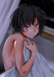Rule 34 | 1girl, amagami, bed sheet, black hair, blush, bob cut, brown eyes, commentary, covering privates, covering breasts, looking at viewer, murasaki iro, nanasaki ai, nude, one-piece tan, short hair, sitting, smile, solo, sweat, tan, tanline