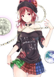 Rule 34 | 1girl, bare shoulders, black shirt, blush, chain, closed mouth, clothes lift, clothes writing, collar, collarbone, cowboy shot, earrings, earth (ornament), hecatia lapislazuli, highres, jewelry, lifted by self, looking at viewer, miniskirt, moon (ornament), multicolored clothes, multicolored skirt, nagata nagato, nail polish, off-shoulder shirt, off shoulder, red eyes, red hair, ring, shirt, skirt, skirt lift, smile, solo, standing, t-shirt, thigh gap, touhou
