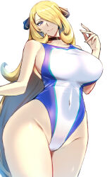 Rule 34 | 1girl, bare shoulders, blonde hair, blue one-piece swimsuit, blush, breasts, choker, collarbone, covered navel, creatures (company), cynthia (pokemon), game freak, grey eyes, hair ornament, hair over one eye, highleg, highleg swimsuit, kumakichi (cost-lost), large breasts, long hair, looking at viewer, nintendo, one-piece swimsuit, pokemon, pokemon dppt, smile, solo, swimsuit, thighs, two-tone swimsuit, very long hair, white one-piece swimsuit