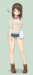 Rule 34 | 1girl, bag, bare legs, boots, brown eyes, brown hair, contrapposto, full body, hairband, head tilt, highres, legs, long hair, long image, long legs, looking at viewer, original, shoes, shopping bag, short shorts, shorts, simple background, smile, solo, standing, tall image, tarayama, thighs, tsurime