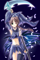 Rule 34 | 1girl, braid, detached sleeves, elbow gloves, feathers, gloves, midriff, miniskirt, scythe, skirt, solo, thighhighs, weapon