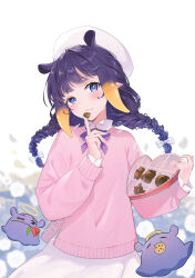 Rule 34 | 1girl, absurdres, beret, blush, bow, box, box of chocolates, braid, closed mouth, collared dress, commentary, cookie, cross-laced clothes, cross-laced slit, crumbs, dress, eating, english commentary, flower, flower in mouth, food, food in mouth, hair bow, halo, hat, heart-shaped box, highres, hololive, hololive english, long hair, looking at viewer, lucferz, ninomae ina&#039;nis, petals, pink sweater, pointy ears, red flower, red rose, rose, rose petals, sweater, takodachi (ninomae ina&#039;nis), tentacle hair, twin braids, virtual youtuber, white background, white bow, white dress, white flower, white headwear, white rose