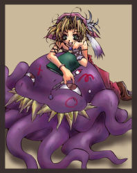 Rule 34 | 1990s (style), 1girl, :d, ahoge, arm ribbon, bandana, bangle, bare shoulders, black-framed eyewear, black border, black ribbon, blonde hair, blush, bodypaint, book, border, bracelet, brown background, brown eyes, brown footwear, child, final fantasy, final fantasy vi, frills, goggles, goggles on head, green eyes, hand on own cheek, hand on own face, hat, holding, jewelry, looking up, monster, octopus, open mouth, paint, paintbrush, pants, red pants, relm arrowny, retro artstyle, ribbon, shoes, short hair, simple background, smile, tassel, tentacles, ultros
