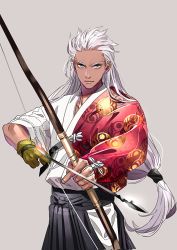 Rule 34 | 1boy, alternate hair length, alternate hairstyle, archer (fate), archery, arrow (projectile), blue eyes, bow (weapon), character request, commentary request, fate (series), gloves, hakama, hakama short skirt, hakama skirt, highres, igote, japanese clothes, kyuudou, long hair, looking at viewer, male focus, official alternate costume, partially fingerless gloves, partly fingerless gloves, quiver, silver hair, single glove, skirt, solo, tenobe, weapon, yugake
