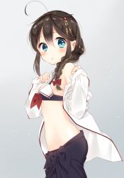 Rule 34 | 10s, 1girl, :o, adapted costume, ahoge, bare shoulders, bikini, bikini top only, black bikini, black ribbon, blue eyes, blush, bottomless, bow, braid, breasts, brown hair, grey background, hair bow, hair flaps, hair ornament, hair over shoulder, hairpin, jacket, jewelry, kantai collection, long sleeves, looking at viewer, looking to the side, loose clothes, naoto (tulip), no panties, off shoulder, open clothes, open jacket, parted lips, red bow, ribbon, ring, sarong, shigure (kancolle), shigure kai ni (kancolle), sideboob, simple background, single braid, sleeves past wrists, small breasts, solo, swimsuit, tareme, wedding band, white jacket
