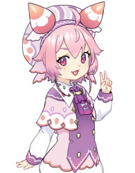 Rule 34 | 1girl, :3, buttons, capelet, cowboy shot, double-breasted, dress, facial mark, hand up, hat, highres, houtengeki, long sleeves, looking at viewer, medium hair, nijisanji, pink hair, purple hat, red eyes, simple background, smile, solo, standing, star (symbol), star in eye, symbol in eye, ushimi ichigo, v, virtual youtuber, white background