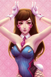 Rule 34 | 1girl, absurdres, adapted costume, arms up, between breasts, breasts, brown hair, cleavage, commentary, d.va (overwatch), detached collar, double v, facepaint, facial mark, fishnet pantyhose, fishnets, highres, koreen mica, leotard, long hair, looking at viewer, making-of available, medium breasts, meka (overwatch), necktie, necktie between breasts, no headwear, nose, overwatch, overwatch 1, pantyhose, parted lips, patterned background, pink background, pink lips, pink necktie, playboy bunny, rabbit tail, ribbed leotard, solo, swept bangs, tail, upper body, v, wallpaper (object), whisker markings