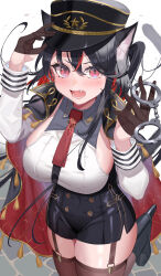 Rule 34 | 1girl, absurdres, amahara subaru, animal ears, black hair, black thighhighs, blush, breasts, cape, cat ears, cat tail, cuffs, fang, garter straps, gloves, half gloves, hand on headwear, handcuffs, hat, high heels, highres, large breasts, long hair, open mouth, original, red eyes, sideboob, solo, tail, thighhighs