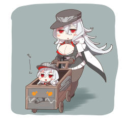 Rule 34 | 2girls, azur lane, black gloves, blush stickers, breasts, chibi, cleavage, cleavage cutout, clothing cutout, cross, dual persona, eyes visible through hair, gloves, graf zeppelin (azur lane), hat, highres, horoyuki (gumizoku), iron cross, jacket, jacket on shoulders, large breasts, long hair, long sleeves, machinery, multiple girls, open mouth, pantyhose, pleated skirt, pushing cart, red eyes, silver hair, skirt, turret, white skirt, aged down, zeppy (azur lane)