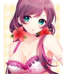 Rule 34 | 10s, 1girl, :o, bad id, bad twitter id, bikini, blush, breasts, character name, chestnut mouth, cleavage, collarbone, copyright name, flower, frills, green eyes, hair flower, hair ornament, hibiscus, ichinose yukino, lace, large breasts, long hair, love live!, love live! school idol festival, love live! school idol project, low twintails, open mouth, orange background, plaid, plaid background, purple hair, solo, swimsuit, tojo nozomi, twintails, upper body