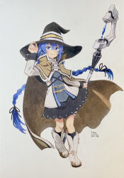 Rule 34 | 1girl, absurdly long hair, absurdres, adjusting clothes, adjusting headwear, artist name, black hat, black ribbon, black skirt, blue eyes, blue hair, braid, brown cape, cape, closed mouth, colored pencil (medium), commentary, crossed bangs, dated, english commentary, floating hair, hair between eyes, hair ribbon, hat, highres, holding, holding staff, korean commentary, long hair, looking at viewer, mixed-language commentary, mushoku tensei, p.art, ribbon, roxy migurdia, simple background, skirt, solo, staff, traditional media, twin braids, very long hair, white background, white footwear, witch hat