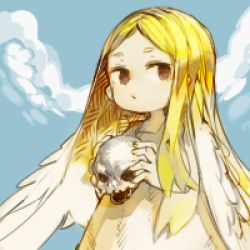 Rule 34 | 1girl, angel wings, blonde hair, brown eyes, commentary request, dress, holding, holding skull, long hair, looking to the side, lowres, mistress of shelter, open mouth, ragnarok online, skull, solo, upper body, wanashisan, white dress, white wings, wings