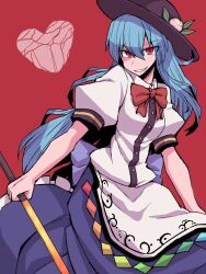 Rule 34 | 1girl, apron, black hat, blue hair, blue skirt, bow, bowtie, breasts, buttons, collared shirt, commentary request, cowboy shot, eyes visible through hair, floating rock, grin, hair between eyes, hat, highres, hinanawi tenshi, keystone, kuri dora, leaf hat ornament, long bangs, long hair, looking at viewer, one-hour drawing challenge, peach hat ornament, puffy short sleeves, puffy sleeves, rainbow gradient, red background, red bow, red bowtie, red eyes, shaded face, shirt, short sleeves, simple background, skirt, small breasts, smile, solo, sword of hisou, touhou, v-shaped eyebrows, waist apron, white apron, white shirt