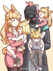 Rule 34 | animal ears, apple, arknights, arrow (projectile), black jacket, blonde hair, blush, rabbit ears, closed mouth, da akana xiv, doctor (arknights), closed eyes, family, food, fruit, head scarf, highres, housewife, if they mated, jacket, kroos (arknights), long hair, looking at viewer, pantyhose, skirt, tail, thighhighs, twintails