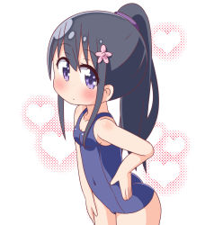 Rule 34 | 1girl, ass, bare arms, bare shoulders, black hair, blue one-piece swimsuit, blush, breasts, cleavage, closed mouth, collarbone, commentary request, covered navel, cowboy shot, flower, hair between eyes, hair flower, hair ornament, hana kazari, hand on own hip, heart, highres, long hair, looking at viewer, one-piece swimsuit, pink flower, ponytail, purple eyes, school swimsuit, shirosaki hana, small breasts, solo, swimsuit, very long hair, watashi ni tenshi ga maiorita!, white background