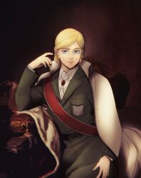 Rule 34 | 1girl, blonde hair, blue eyes, brown background, krista lenz, coat, coat on shoulders, commentary request, elbow rest, green coat, hanpetos, paradis military uniform, shingeki no kyojin, sitting, smile, solo, spanish commentary