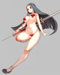 Rule 34 | 1girl, absurdres, black legwear, breasts, closed mouth, commentary request, crotch plate, full body, grey background, harau, high heels, highres, holding, large breasts, navel, nude, nun, original, oversized object, pale skin, pasties, red eyes, simple background, solo, standing, standing on one leg, syringe, veil