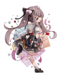 Rule 34 | 1girl, absurdres, bag, black bow, black footwear, black skirt, bow, brown hair, buttons, commentary request, frills, from behind, fujii shino, green eyes, hair bow, hair ornament, hairclip, heart, highres, charm (object), loafers, long hair, looking at viewer, looking back, needle, open mouth, orange bow, original, pin, pincushion, pink bow, pink ribbon, ribbon, shirt, shoes, short sleeves, shoulder bag, skirt, socks, solo, spool, standing, standing on one leg, star (symbol), stuffed animal, stuffed rabbit, stuffed cat, stuffed toy, teddy bear, thread, twintails, white background, white shirt, white socks