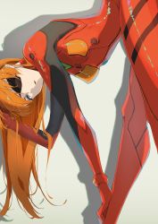 Rule 34 | 1girl, absurdres, blue eyes, bodysuit, eyepatch, hand in own hair, highres, leaning forward, looking at viewer, neon genesis evangelion, orange hair, parted lips, plugsuit, rebuild of evangelion, red bodysuit, shiki7ash, solo, souryuu asuka langley, touching toes, white background