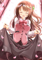 Rule 34 | 1girl, :d, ^ ^, apron, black skirt, blush, bow, breasts, brown hair, closed eyes, collared shirt, commentary request, cosplay, facing viewer, gochuumon wa usagi desu ka?, hair ornament, hairclip, highres, idolmaster, idolmaster cinderella girls, large breasts, long hair, long sleeves, one side up, open mouth, open window, petals, pink apron, pink bow, rabbit house uniform, shimamura uzuki, shirt, skirt, skirt hold, sleeves past wrists, smile, solo, standing, uniform, very long hair, waitress, white background, white shirt, window, xenon (for achieve)