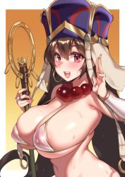 Rule 34 | 1girl, :d, areola slip, bare shoulders, beads, bikini, blush, breasts, bridal gauntlets, brown hair, cleavage, covered erect nipples, earrings, fate/grand order, fate (series), from side, fuya (tempupupu), gradient background, holding, holding staff, hoop earrings, jewelry, large breasts, long hair, looking at viewer, looking to the side, micro bikini, navel, open mouth, prayer beads, purple headwear, red eyes, see-through, skindentation, smile, solo, staff, strap gap, sweat, swimsuit, upper body, very long hair, white bikini, xuangzang sanzang (fate), yellow background
