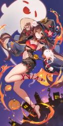 Rule 34 | 1girl, boo tao (genshin impact), breasts, bright pupils, brown eyes, brown hair, cleavage, flower-shaped pupils, genshin impact, halloween, hat, highres, hu tao (genshin impact), liu liaoliao, medium breasts, pumpkin, solo, symbol-shaped pupils, twintails, white pupils, witch hat