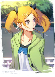 Rule 34 | 10s, 1girl, blonde hair, cardigan, character name, food, grey eyes, hair ornament, hair ribbon, hairclip, looking away, mouth hold, open cardigan, open clothes, pocky, ribbon, shirobako, shirt, sola7764, solo, twintails, upper body, yano erika