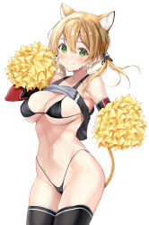Rule 34 | 1girl, adapted costume, animal ear fluff, animal ears, bikini, bikini under clothes, black bikini, black thighhighs, blonde hair, blush, breasts, cameltoe, cat ears, cat tail, cheering, cheerleader, closed mouth, clothes lift, collarbone, cowboy shot, crop top, crop top overhang, green eyes, hair between eyes, highleg, highleg bikini, highres, holding, holding pom poms, inuzumi masaki, kantai collection, large breasts, long hair, low twintails, micro bikini, navel, pom pom (cheerleading), pom poms, prinz eugen (kancolle), shirt lift, simple background, smile, solo, stomach, sweat, swimsuit, tail, thighhighs, twintails, white background