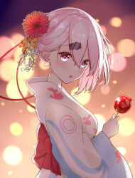 Rule 34 | 1girl, blurry, blurry background, bokeh, breasts, candy apple, depth of field, flower, food, hair flower, hair ornament, hairclip, highres, holding, ichinii (ichiny12), japanese clothes, kanzashi, kimono, large breasts, looking at viewer, looking to the side, night, nijisanji, obi, open mouth, outdoors, pink eyes, pink hair, red flower, sash, shiina yuika, solo, summer festival, upper body, virtual youtuber, white kimono, wide sleeves, yukata