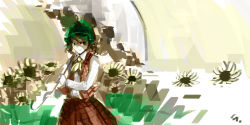 1girl ascot bad_id bad_pixiv_id blueman female_focus flower green_hair kazami_yuuka parasol plaid_clothes plaid_skirt plaid_vest short_hair skirt skirt_set solo sunflower touhou umbrella vest