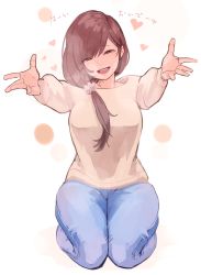 Rule 34 | 1girl, absurdres, beige sweater, blush, brown eyes, brown hair, denim, heart, highres, jeans, medium hair, mole, mole under eye, open mouth, original, outstretched arms, pants, pink scrunchie, scrunchie, seiza, simple background, sitting, smile, solo, sweater, uedrk yamato, upper body, white background