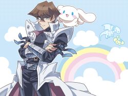 Rule 34 | 2boys, absurdres, belt, belt buckle, black pants, black shirt, blue background, blue eyes, blush, blush stickers, bright pupils, brown hair, buckle, cinnamoroll, closed mouth, cloud, coat, cowboy shot, crossed arms, crossover, dotted background, grin, hair between eyes, highres, kaiba seto, loveycloud, male focus, multiple boys, open mouth, pants, rainbow, sanrio, shirt, short hair, smile, white coat, white pupils, yu-gi-oh!