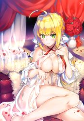 Rule 34 | 1girl, ahoge, bare shoulders, blonde hair, blue flower, blue rose, braid, breasts, closed mouth, commentary request, criss-cross halter, curtains, fate/grand order, fate (series), feet out of frame, flower, green eyes, hair intakes, halterneck, hand up, highres, large breasts, legs, looking at viewer, nero claudius (fate), nero claudius (fate) (all), nero claudius (swimsuit caster) (fate), nero claudius (swimsuit caster) (third ascension) (fate), off shoulder, petals, red flower, red rose, rei (rei&#039;s room), rose, rose petals, sitting, smile, solo, vase